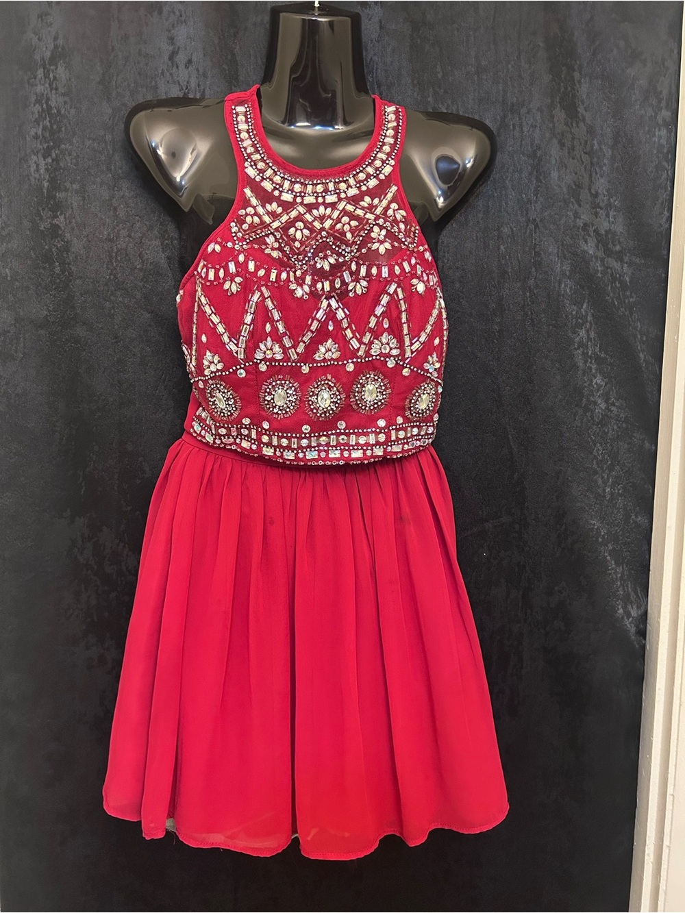 B Darlin Red Beaded Halter Party Dress for Girls